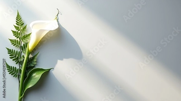 Fototapeta Minimal ivory canvas background with floral accents on the left, soft shadows, and a clean center for text or branding.