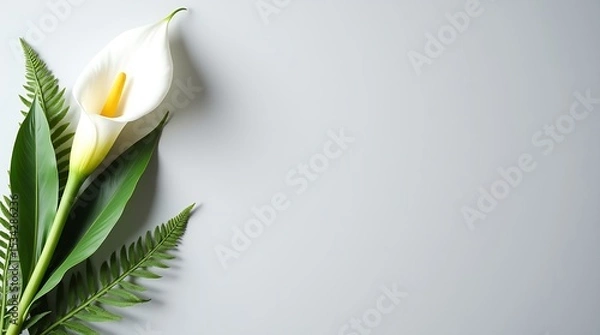 Fototapeta Minimal ivory canvas background with floral accents on the left, soft shadows, and a clean center for text or branding.