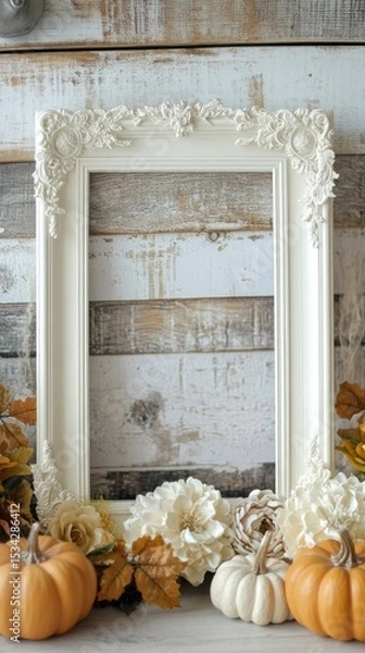 Fototapeta Ornate White Frame with Autumnal Decor and Pumpkins
