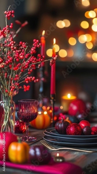 Fototapeta Romantic Autumn Table Setting with Candles and Berries
