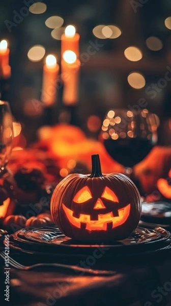 Fototapeta Illuminated Jack-o'-lantern centerpiece at a Halloween dinner party