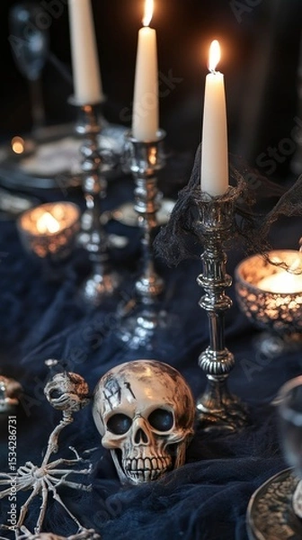Fototapeta Spooky Halloween Table Setting with Skull and Candles