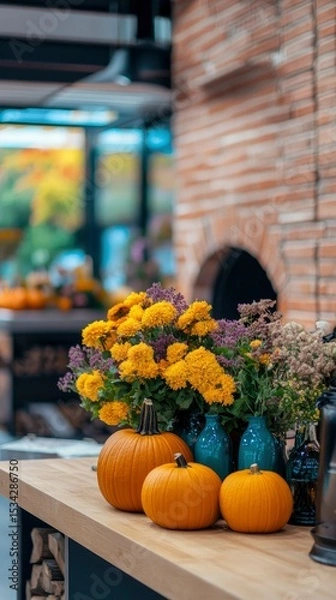Fototapeta Autumnal Still Life with Pumpkins and Chrysanthemums on Rustic Wooden Counter