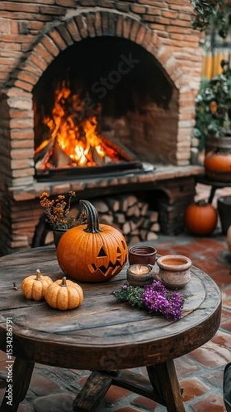 Fototapeta Cozy Autumn Evening by the Fireplace with Carved Pumpkins and Candles