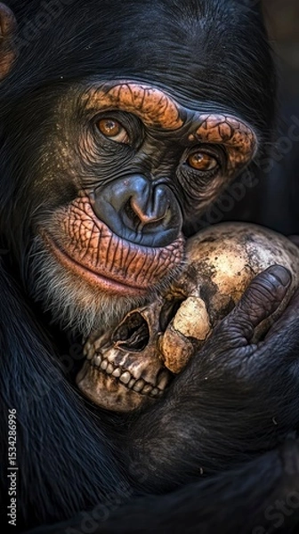 Fototapeta Chimpanzee Holding a Skull A poignant study of mortality and primate intelligence