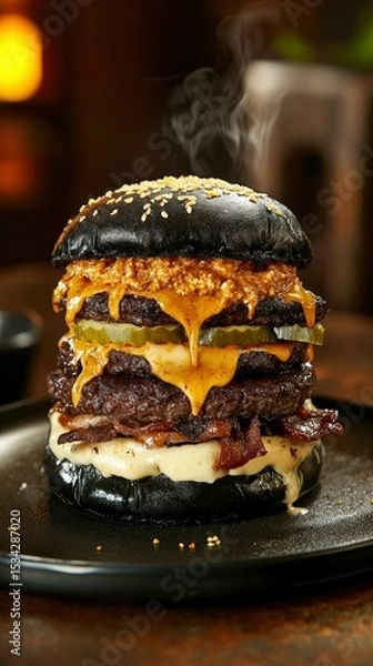 Fototapeta Gourmet Black Burger with Melted Cheese and Bacon