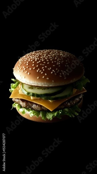 Fototapeta Juicy Cheeseburger with Sesame Seed Bun on Black Background