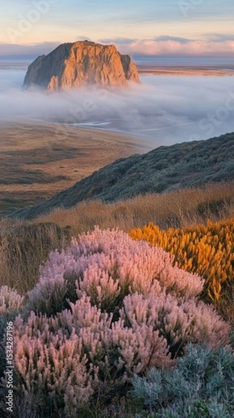 Fototapeta Mystical Morning Mist Enveloping a Coastal Rock Formation with Vibrant Wildflowers