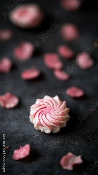 Fototapeta Delicate Pink and White Meringue Cookie on Dark Background with Scattered Petals