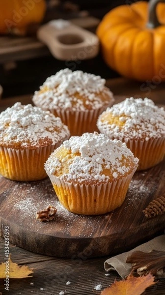 Fototapeta Delicious Pumpkin Spice Muffins with Powdered Sugar Topping