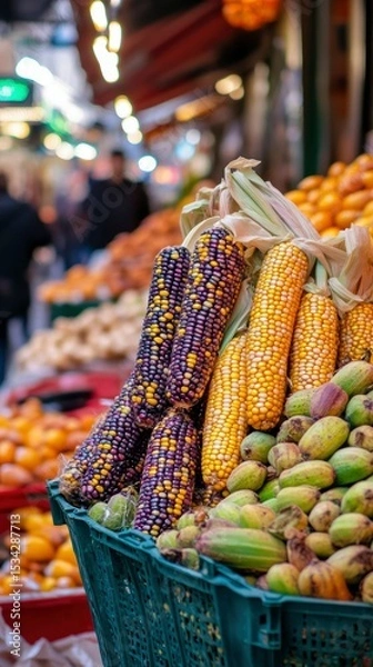 Fototapeta Colorful Corn and Exotic Fruits at a Vibrant Market Stall
