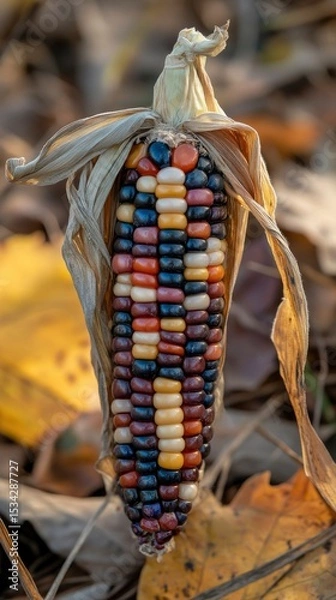 Fototapeta Colorful Indian Corn Cob on Autumn Leaves