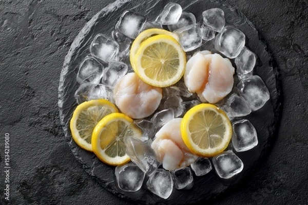 Fototapeta Fresh Scallops on Ice with Lemon Slices: A Culinary Still Life
