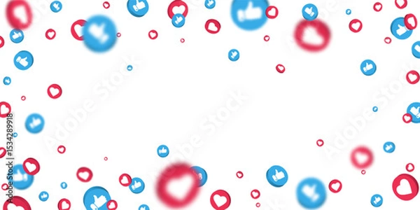 Fototapeta 3D heart like icons in red, blue, and white flying on white background. Perfect for social media, love, and engagement themes. Vector Illustration