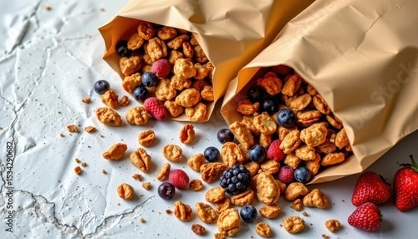 Fototapeta granola and dried fruit in paper pouches