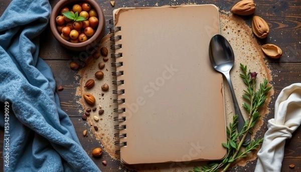 Fototapeta rustic flatlay with notebook, spoon, and herbs