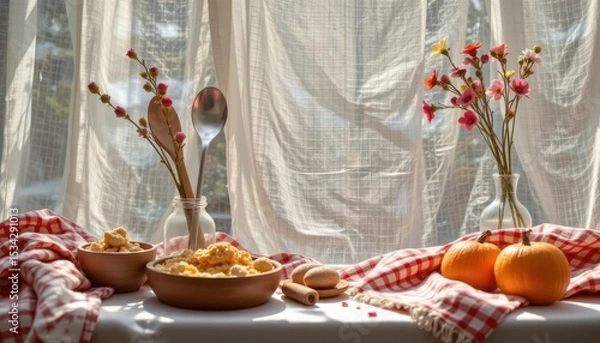 Fototapeta natural utensils and fabric with sunlight