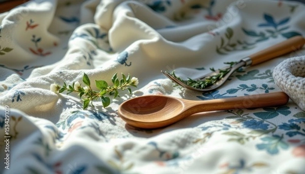 Fototapeta natural utensils and fabric with sunlight
