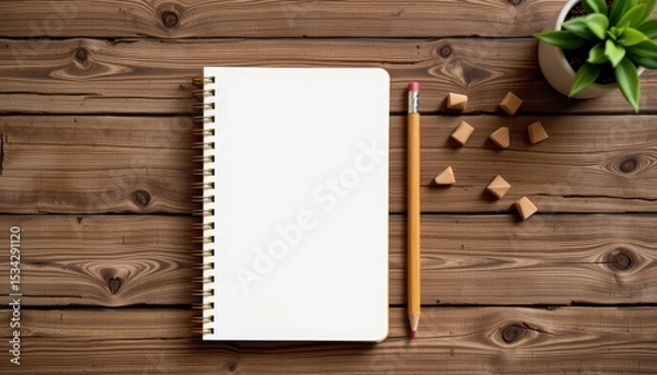 Fototapeta notebook and wooden pencil set flatlay