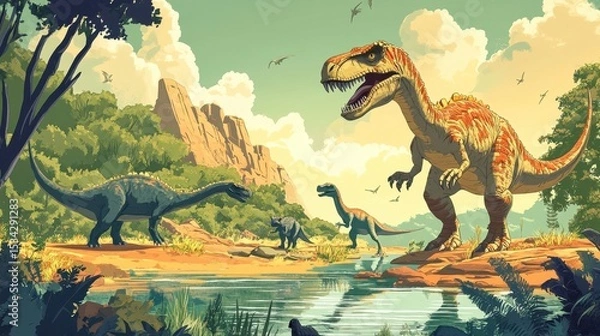 Obraz Prehistoric landscape with various dinosaurs near a watering hole, under a sunny sky.