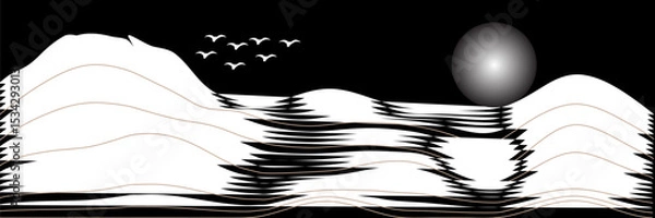 Fototapeta Vector abstract art landscape mountain with birds and sunrise sunset by golden line art texture isolated on dark grey black background. Minimal luxury style for wallpaper, wall art decoration.Eps10