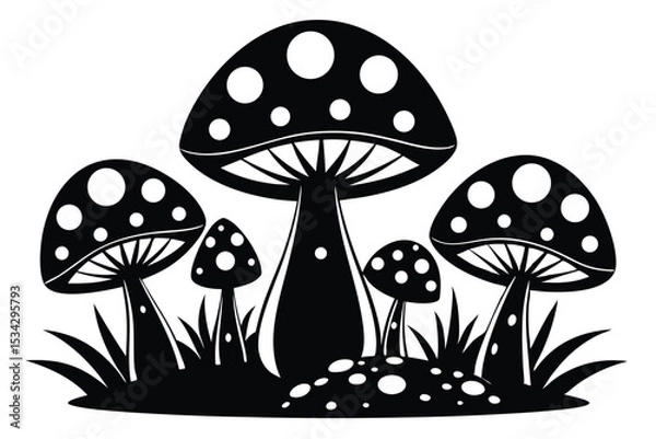 Fototapeta Stylized Group of Spotted Mushrooms, Grass, and Other Fungi in Silhouette