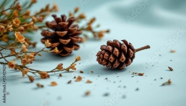 Fototapeta pine cone and dried flower on soft backdrop