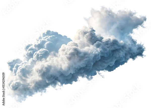 Fototapeta A fluffy cloud formation with shades of gray and white isolated against a white background in the sky