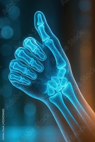 Fototapeta X ray image of human hand showing bones, thumb up gesture, blue glowing effect, medical and anatomical concept