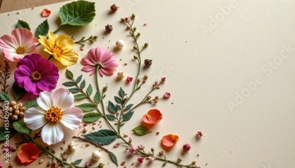 Fototapeta botanical elements scattered on handmade paper