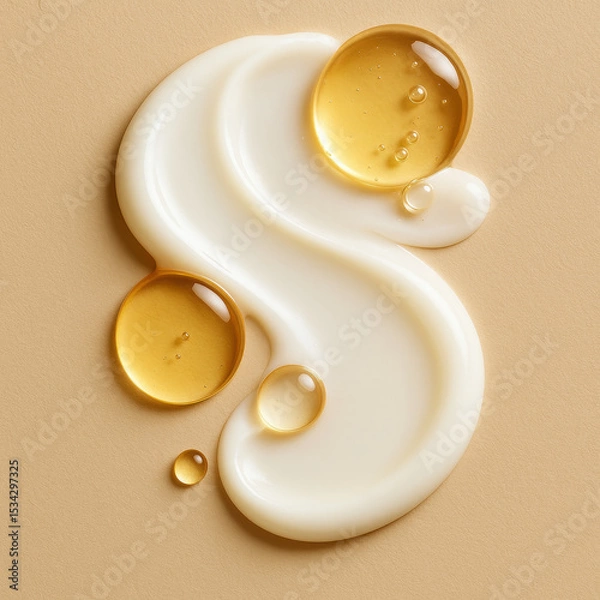 Fototapeta Cream, serum, and oil drops arranged on beige background, creating soothing and elegant skincare composition