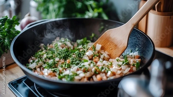 Obraz Fresh chopped onions and herbs sizzling in a hot pan, stirred with a wooden spatula in a cozy home kitchen setting with natural light.