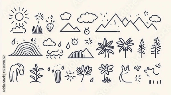 Fototapeta Simple line art collection of nature icons