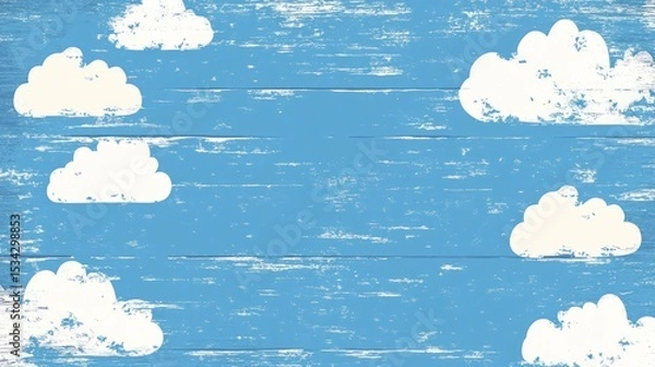 Fototapeta Light blue wooden planks with white clouds