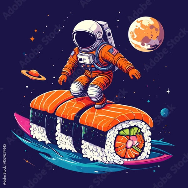 Fototapeta Whimsical illustration of astronaut surfing on giant sushi roll in outer space, colorful fantasy sci-fi art with planets and cosmic background