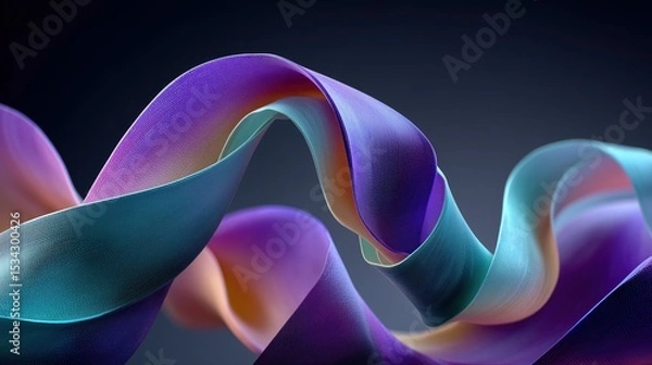 Obraz 3D Render of Purple, Teal, and Orange Ribbon Curling Gracefully on Dark Background

