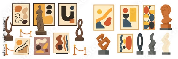 Fototapeta Art exhibit showcasing abstract sculptures and modern paintings in a gallery setting