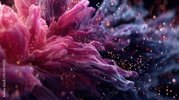 Obraz Organic Flow of Vivid Pink Petals in Motion with Glowing Orange Dots on Dark Background

