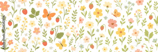 Obraz Colorful vector flat illustration featuring flowers, butterflies, and strawberries in a whimsical garden setting during springtime