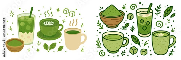 Fototapeta Enjoying a variety of green beverages in a cozy atmosphere featuring matcha, iced tea, and green smoothies