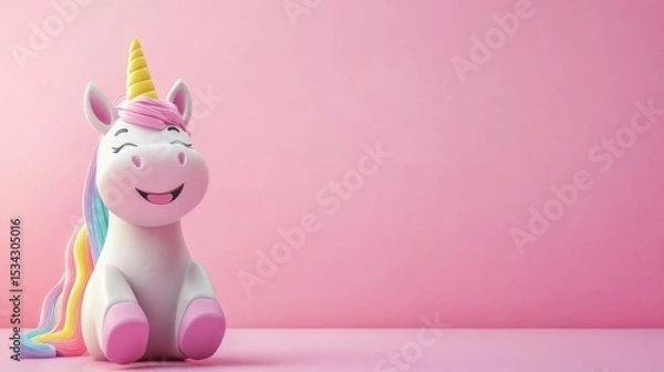 Obraz Colorful unicorn toy with a joyful expression sits on a pink background, showcasing vibrant mane and horn, perfect for children's decor and playful themes