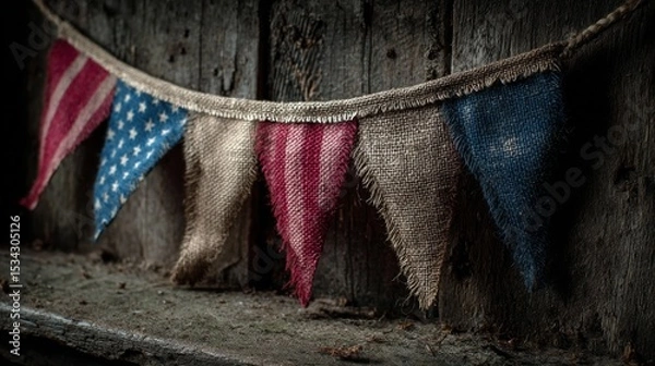 Fototapeta Worn American Flag Bunting on Rustic Wood