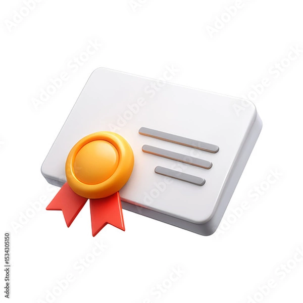 Fototapeta Certificate With Seal, 3D Icon – Glossy Minimal Emoji Style, Isolated PNG object