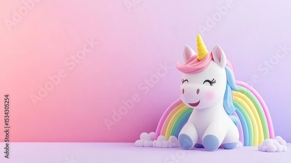 Fototapeta Cute 3D illustration of a smiling unicorn with a colorful rainbow backdrop, featuring soft pastel colors and fluffy clouds, creating a whimsical and joyful atmosphere for children