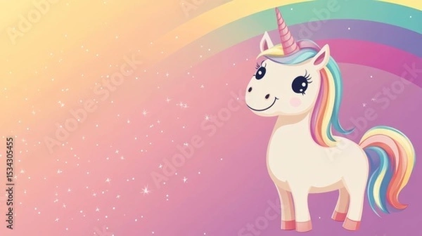Obraz Cute unicorn illustration with a colorful mane and sparkling background, featuring a rainbow arching across a pastel sky, perfect for children's designs and magical themes