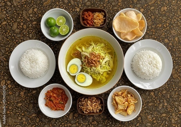 Obraz Indonesian Soto Ayam Soup with Rice, Condiments, and Limes on Patterned Tablecloth