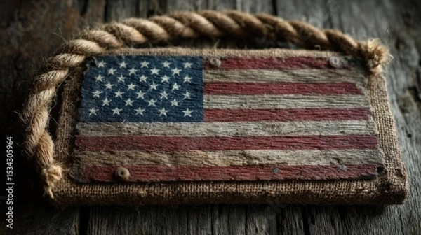 Fototapeta Rustic American Flag Wooden Sign with Rope