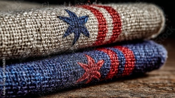 Fototapeta Rustic Burlap Fabric with Red and Blue Stars