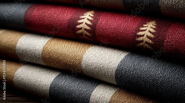 Fototapeta Close-up of Folded Striped Fabric with Gold Tree Pattern