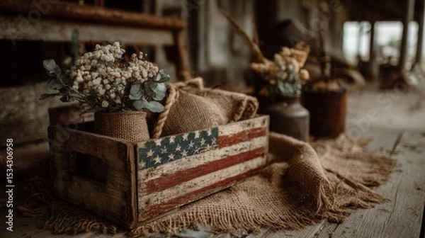 Fototapeta Rustic Wooden Crate with Dried Flowers and American Flag Design